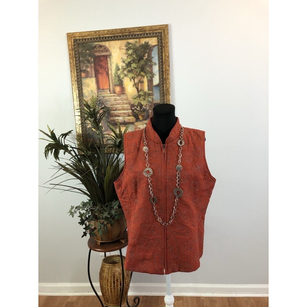 Christopher & Banks‎ Women XL Vest Full Zipper Front Orange High Collar Grandma